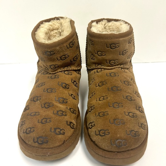 UGG Women Classic Mini II Boot 7 Chestnut Embossed All Over logo Suede Casual - Picture 3 of 10